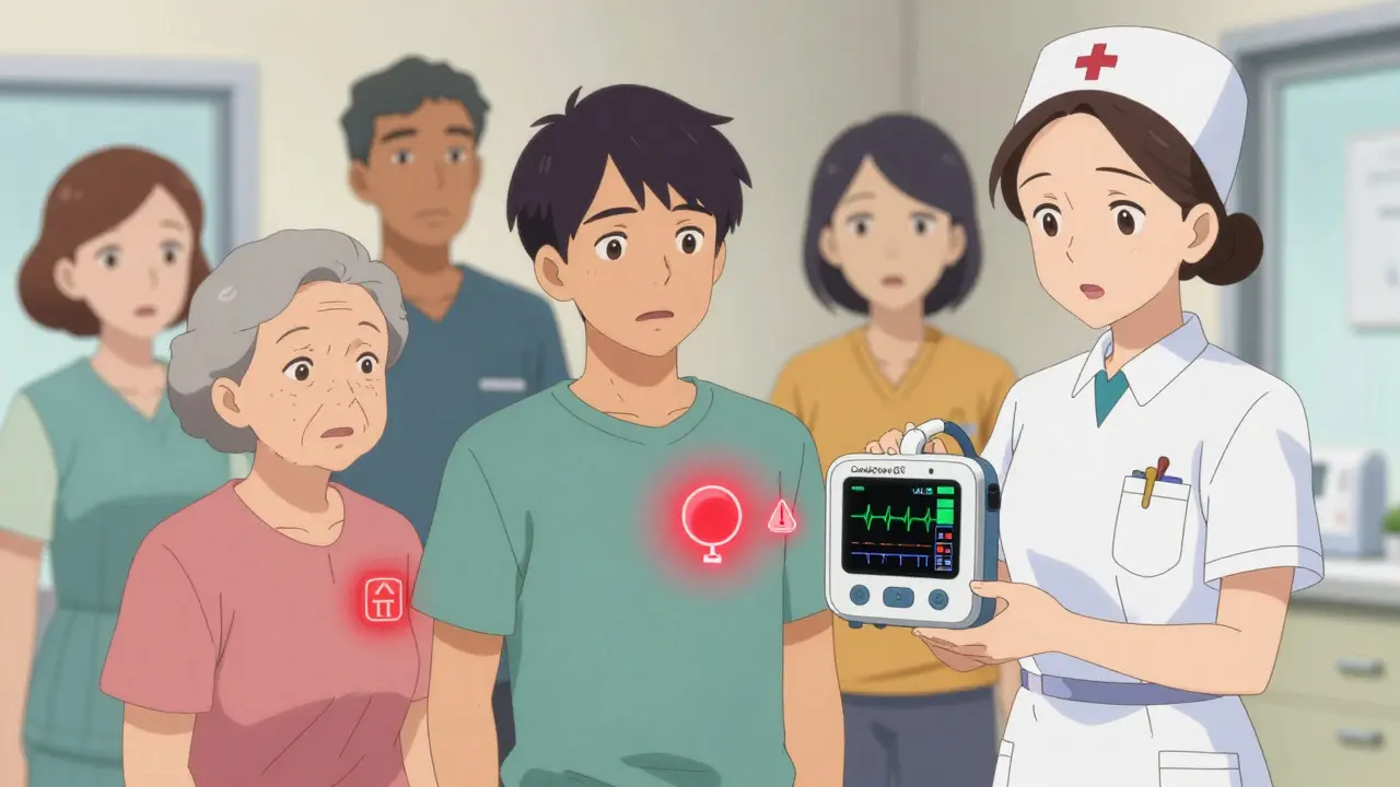 Diverse patients in a clinic with a portable QT monitor displaying real-time heart rhythm readings.