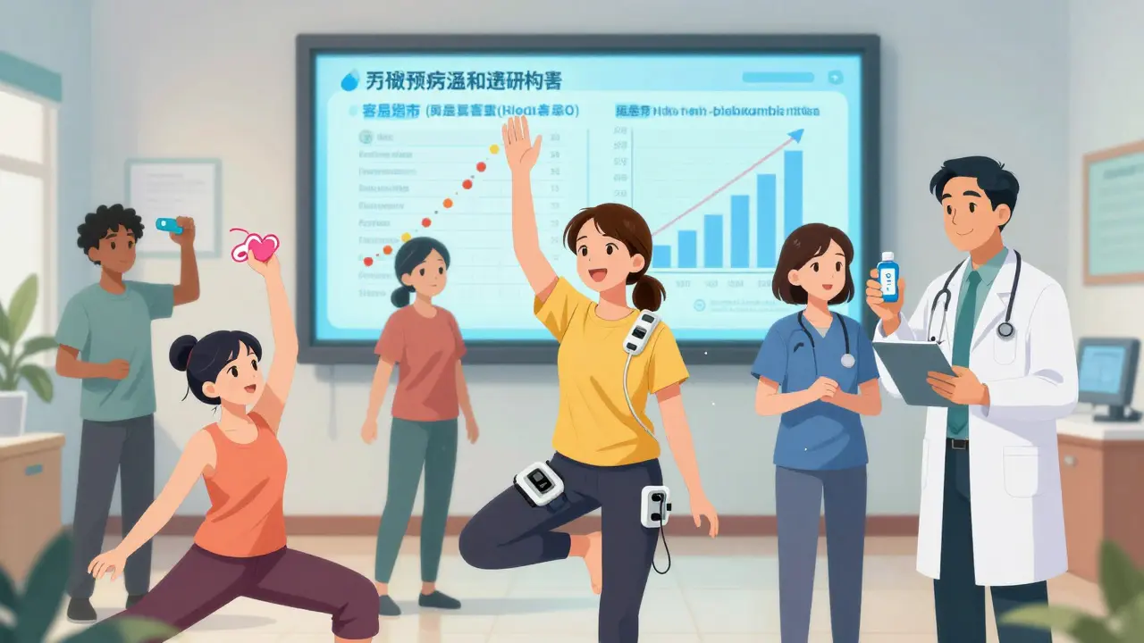 Diverse patients using non-addictive pain treatments in clinic with rising drug trial stats in background.