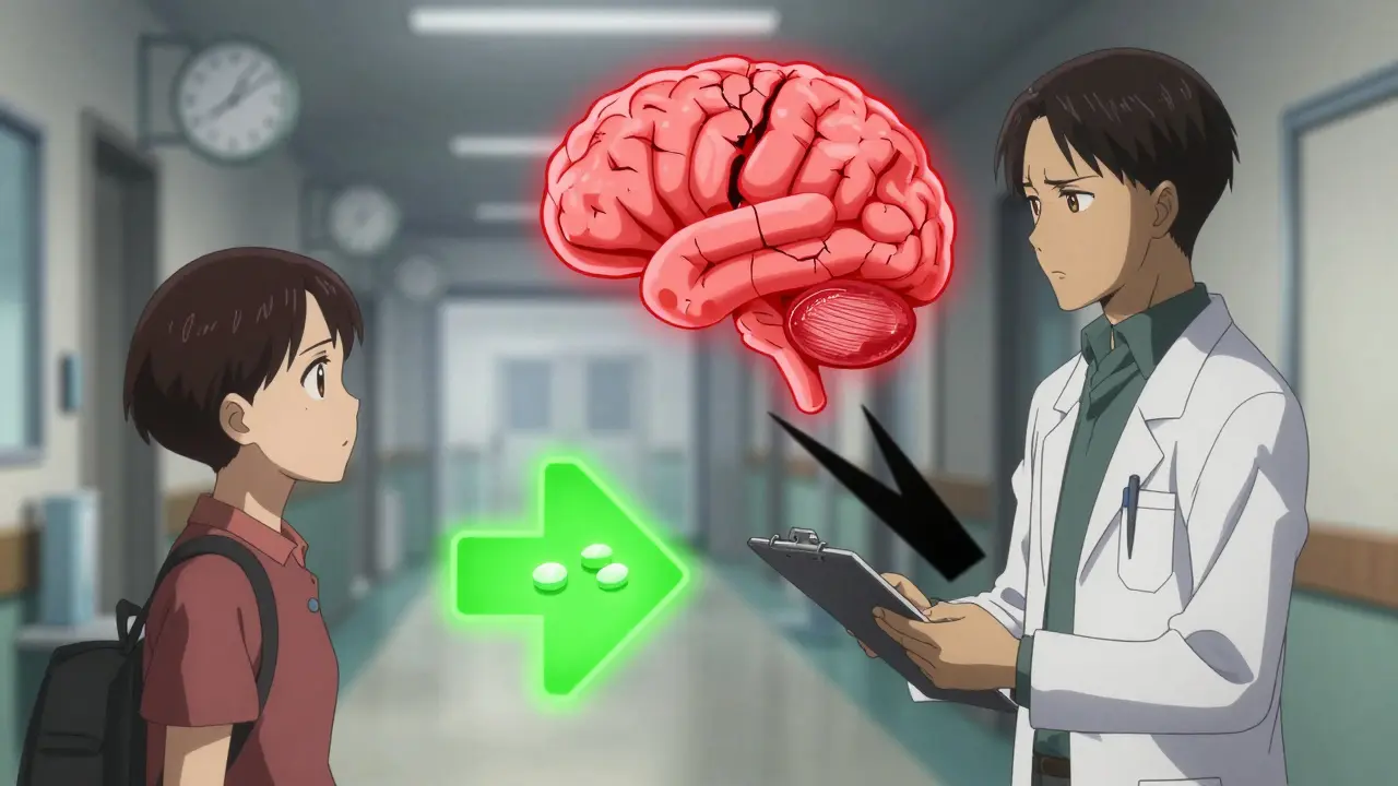 Doctor and family facing a glowing brain warning symbol, with safe antibiotics on one side and dangerous fluoroquinolone on the other.