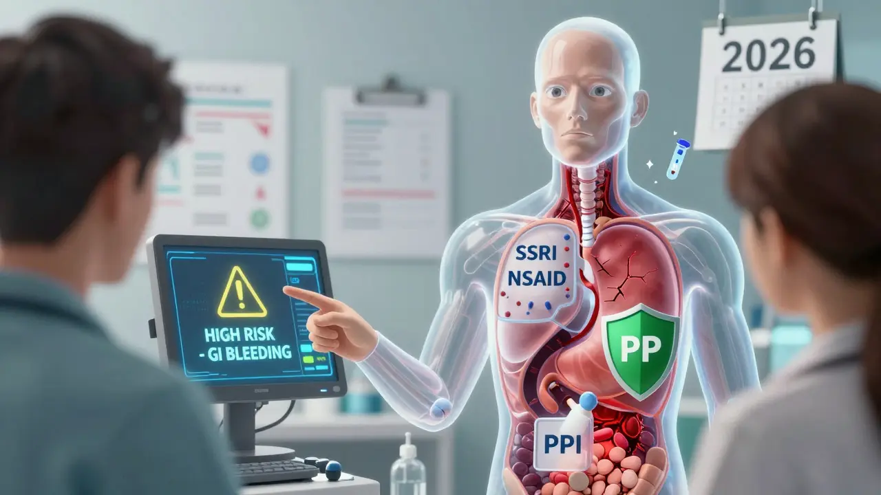 Doctor and patient reviewing a digital warning about GI bleeding risk from combined medications, with protective PPI shield visible.