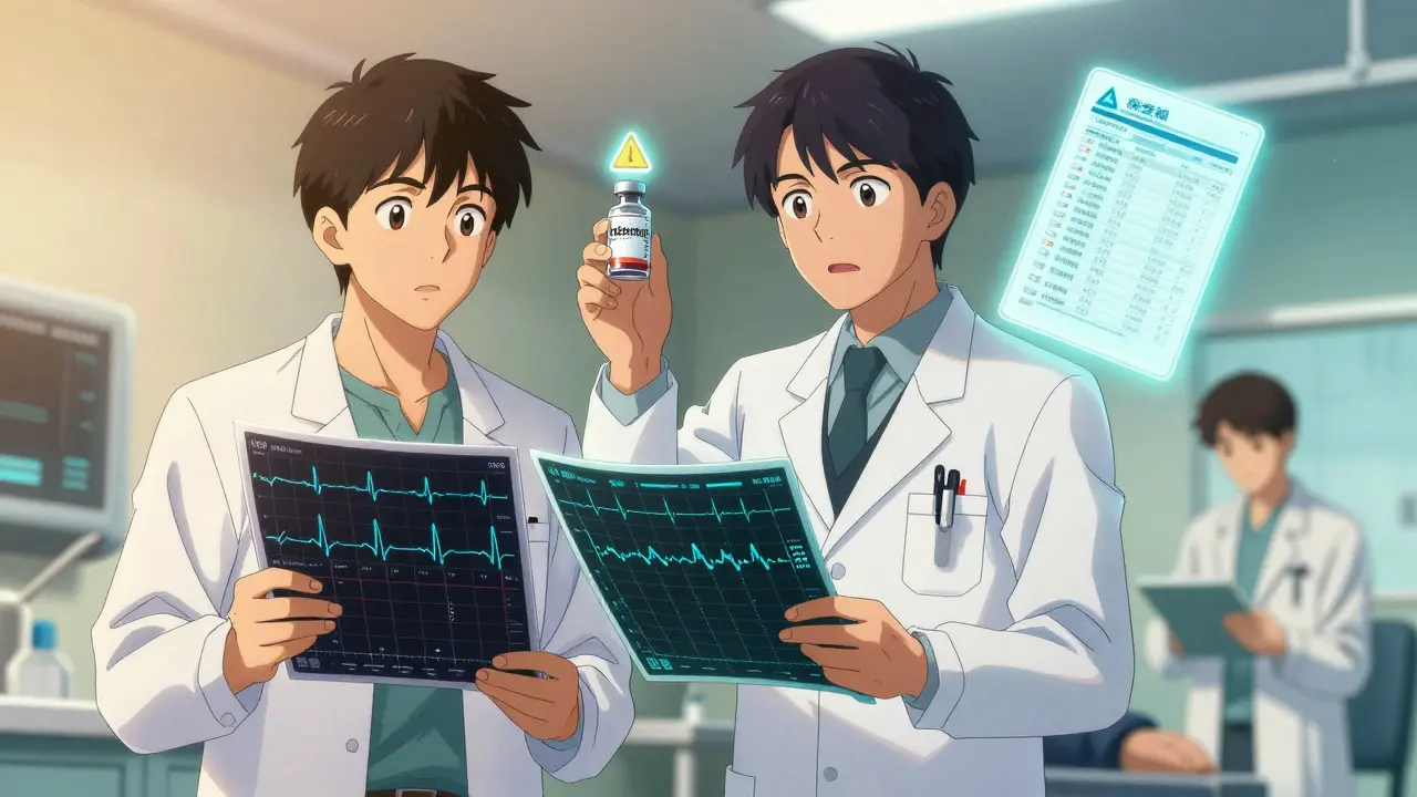 Doctors comparing ECGs with ondansetron vial and warning symbols in an emergency room setting.