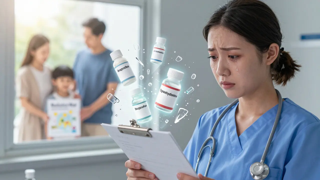 ER nurse surrounded by floating medicine labels shattering, family holding a medication map in background.