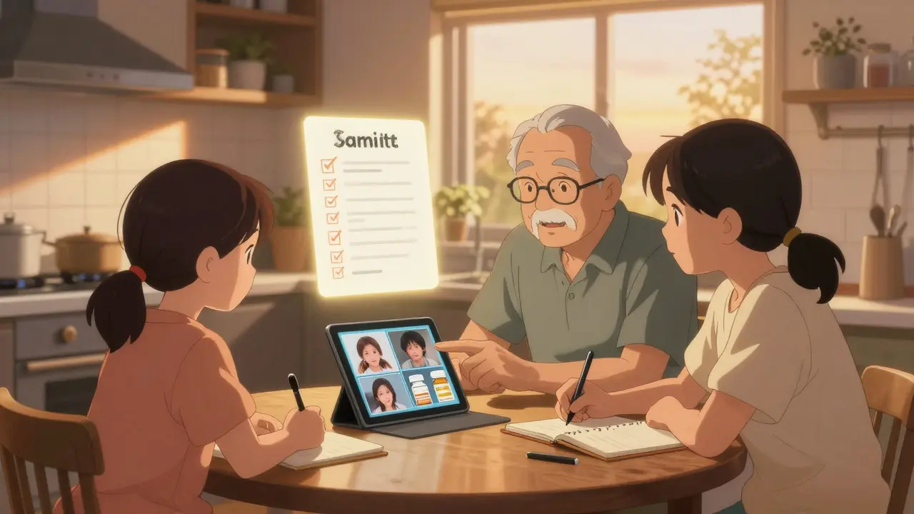 Family reviewing medication photos and checklist at kitchen table during golden hour.
