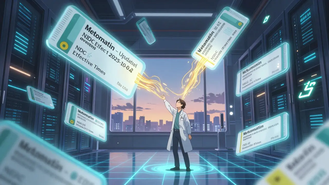 Holographic drug labels with real-time adverse event data in a futuristic NLM center.