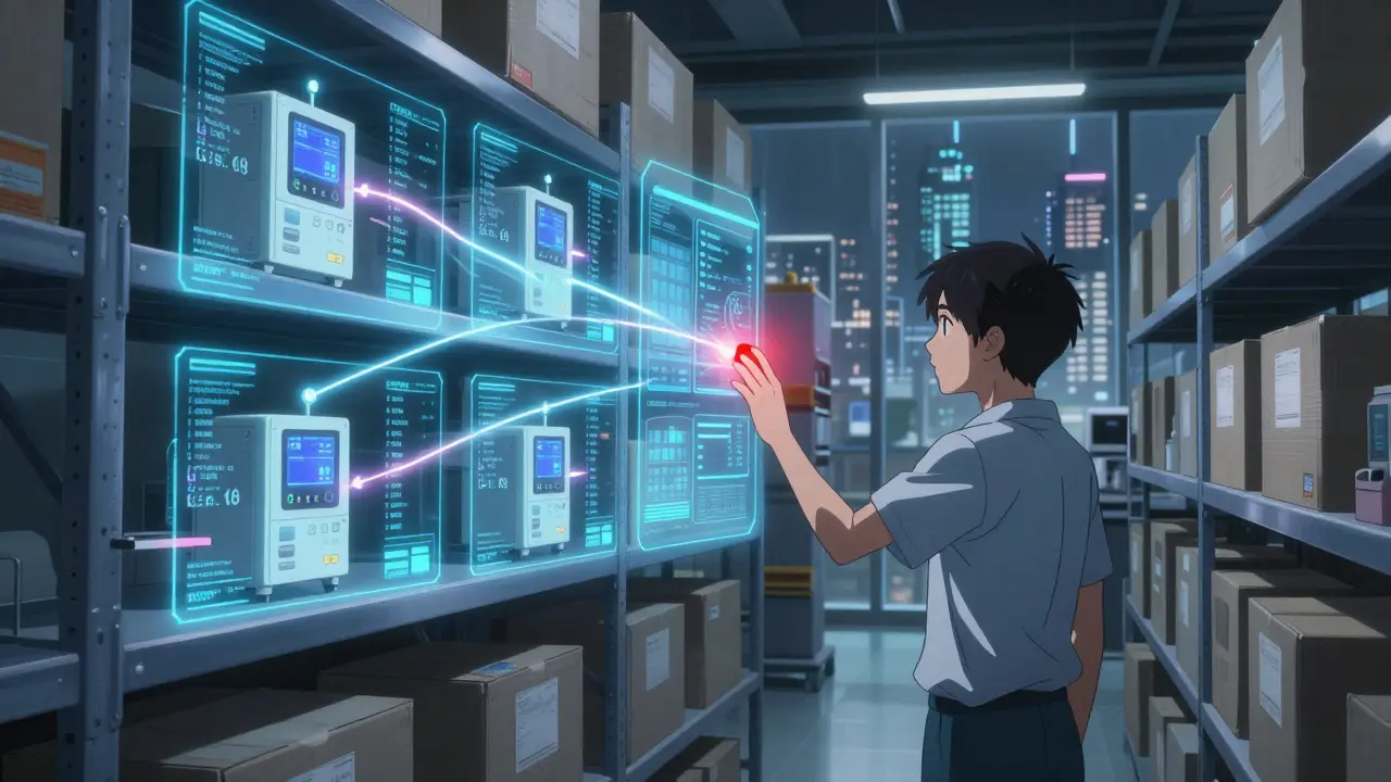 Holographic traceability matrices light up medical devices in a warehouse as a technician stops a faulty implant.