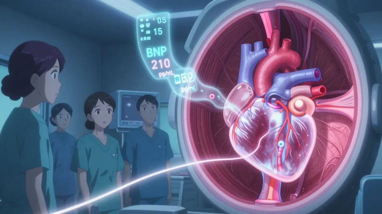 Medical procedure showing catheter traveling to heart with glowing pressure readings and biomarker values floating nearby.