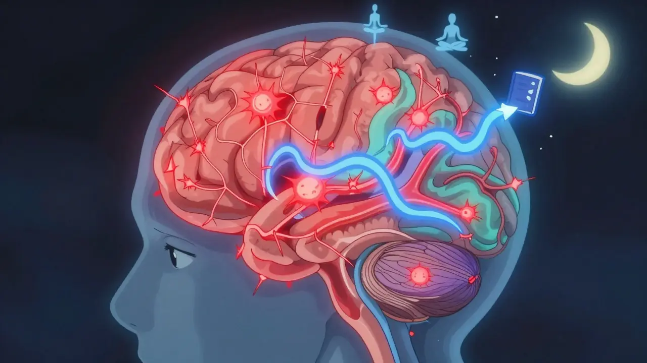 Neural network transforming from chaotic red to calm blue during benzo tapering.