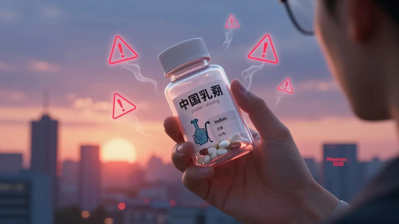 Patient holding pill bottle with translucent journey and warning symbols floating around it.