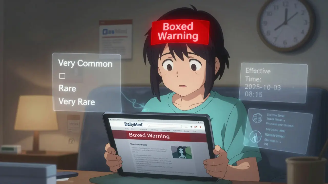 Patient viewing a pulsing FDA boxed warning on DailyMed website at home.