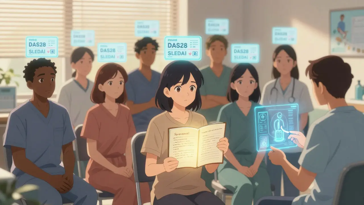Patients in clinic with digital disease scores above their heads, holding symptom journals under warm light.