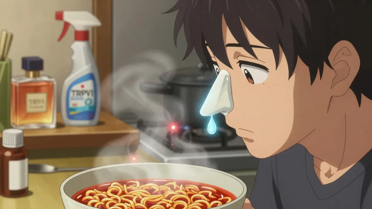 Person eating spicy food with steam and capsaicin sparks triggering nasal nerve reactions.