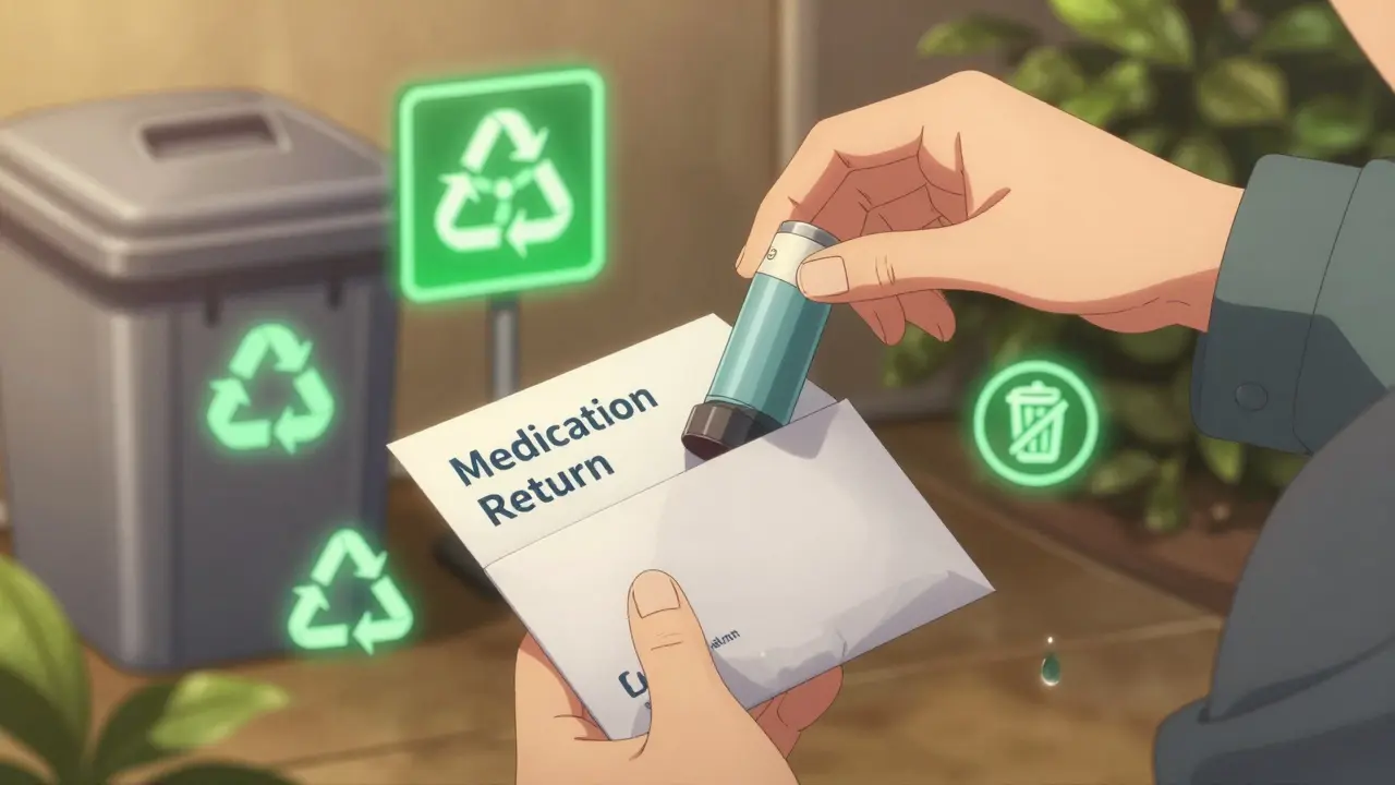 Person mailing expired inhaler through pharmacy take-back program