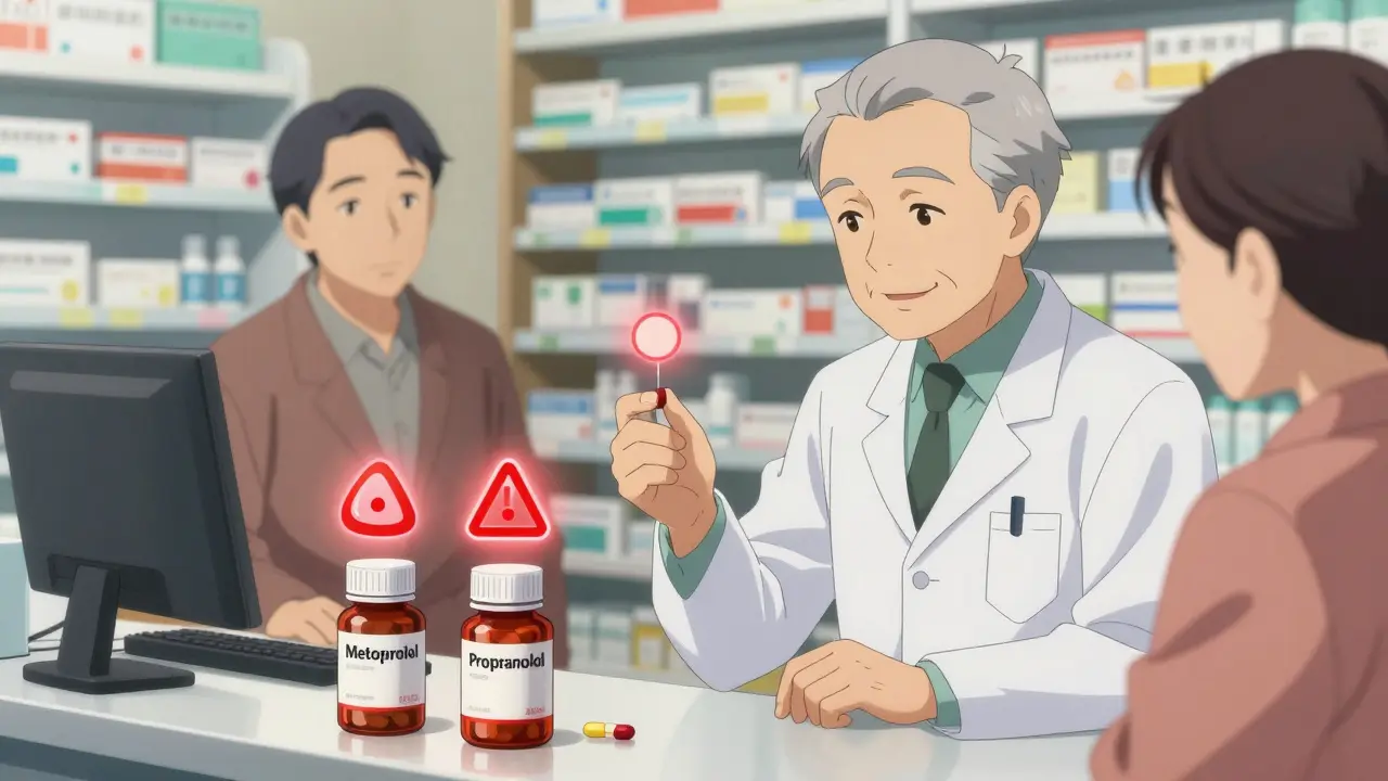 Pharmacist reviewing pill bottles with warning icons floating above duplicate medications.