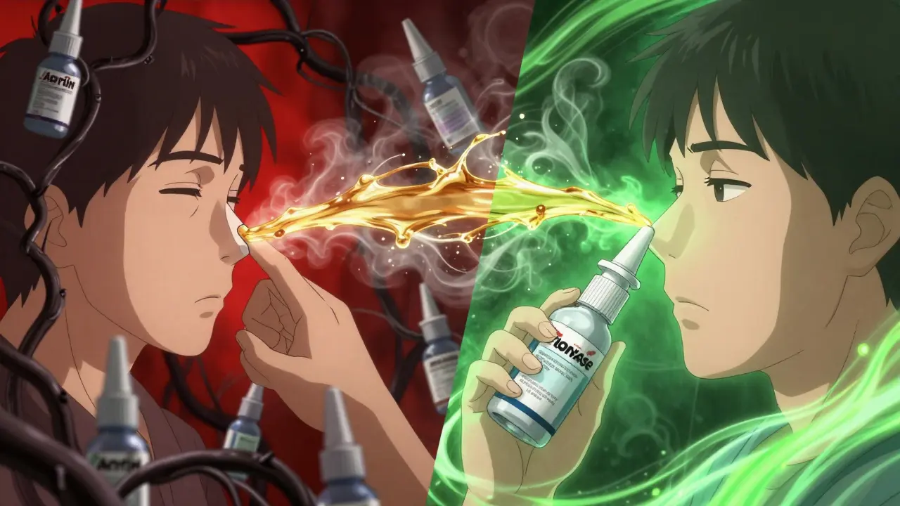 Saline irrigation clearing nasal irritants, contrasted with rebound congestion and healing treatment.