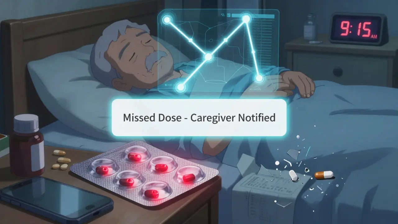 Smart blister pack with sensor alert glowing as senior sleeps, missed dose notification in air.