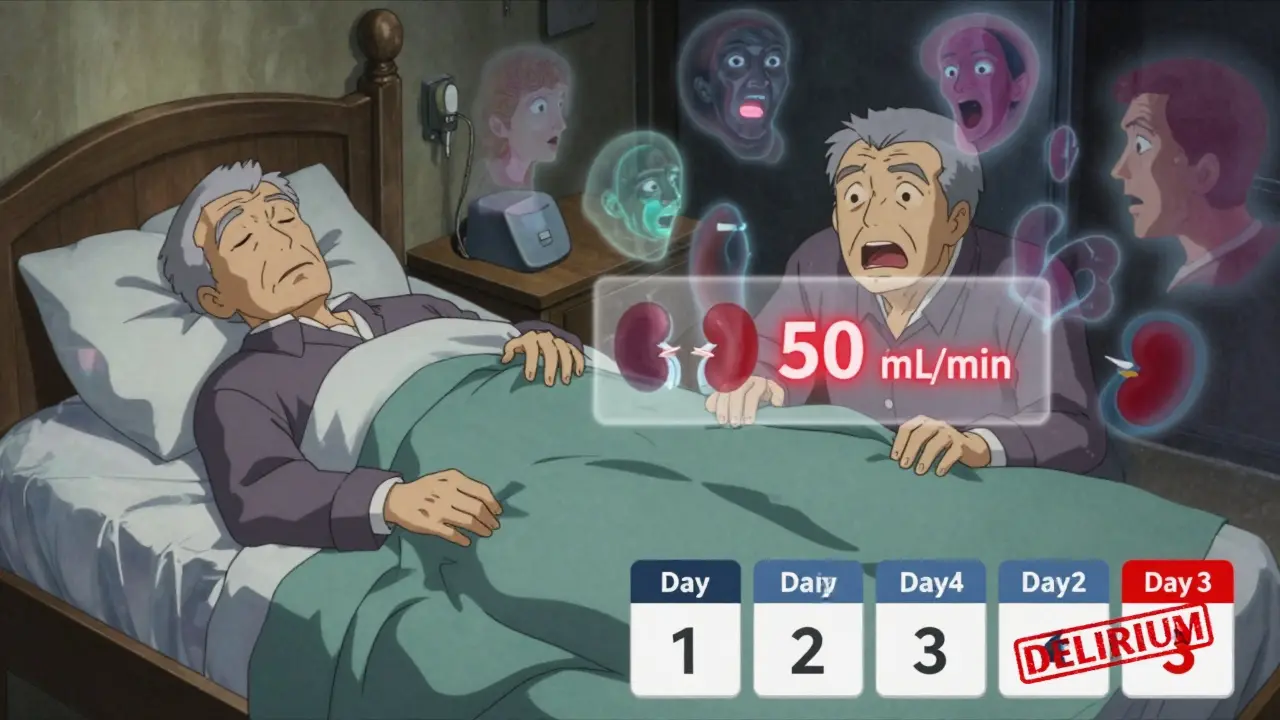 Split image of elderly man sleeping peacefully vs. same man in panic surrounded by hallucinations, with kidney function warning overlay.