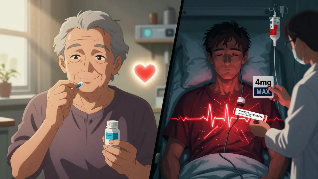 Split-panel anime image: safe oral ondansetron vs. dangerous IV use with heart rhythm risks.