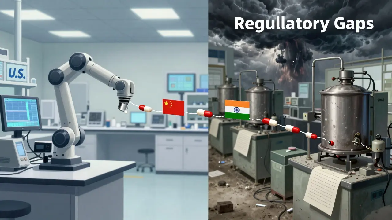 Split scene comparing modern U.S. and outdated Chinese drug manufacturing facilities.