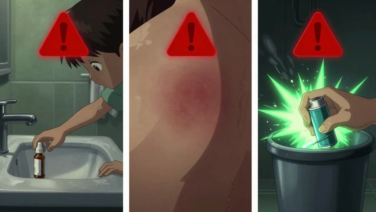 Three-panel warning scene: child near expired eye drops, worsening rash, crushed inhaler releasing toxic gas