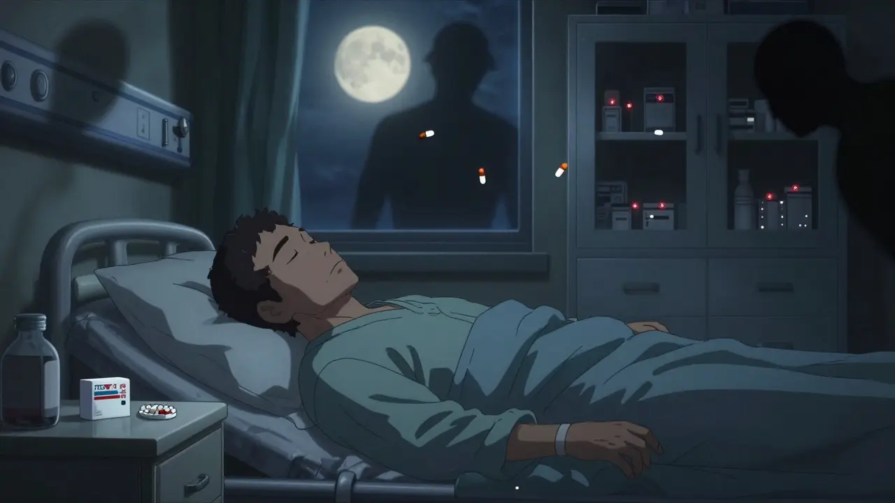 Veteran sleeping with small opioid prescription, unused pills floating ominously above cabinet.