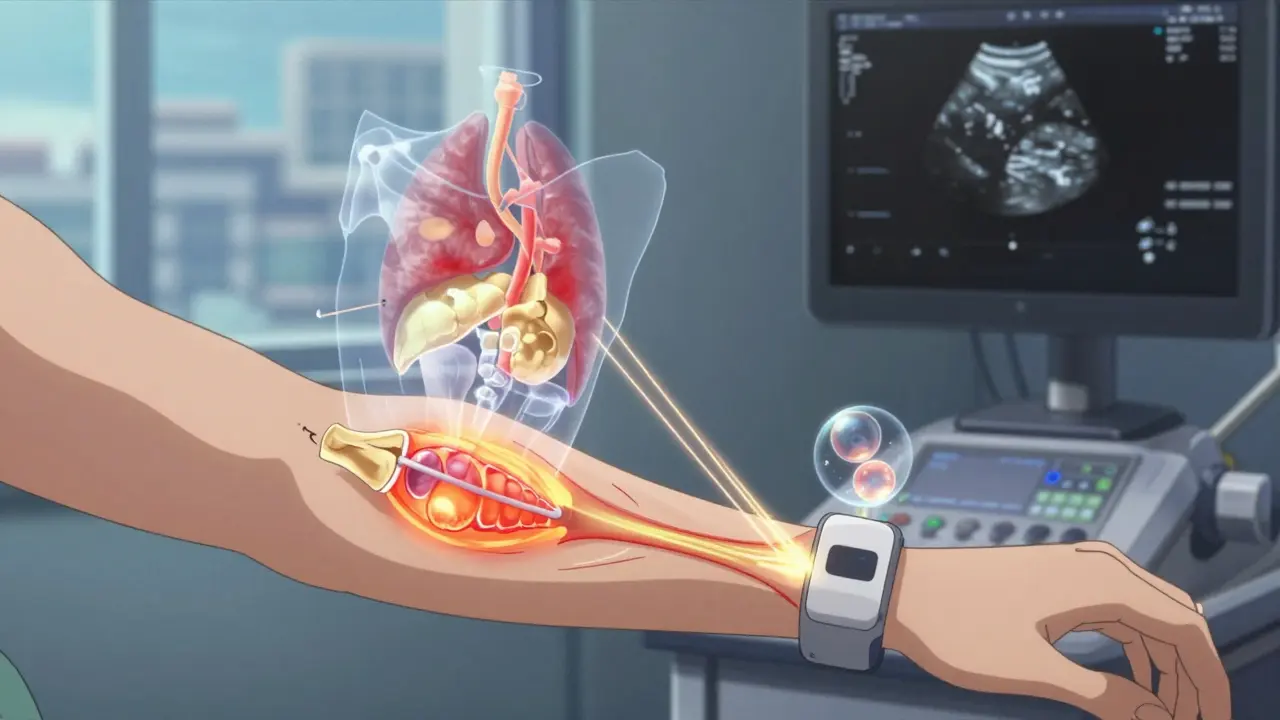 Wearable device mapping inflammation hotspots in joints and organs with ultrasound probe nearby.