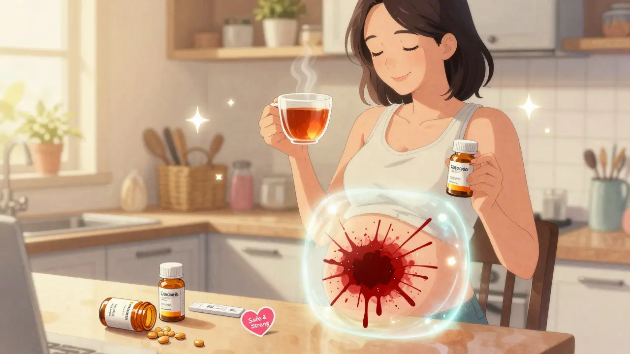 Woman holding safe celecoxib and PPI pill with protective barrier around stomach, rejecting dangerous NSAIDs.