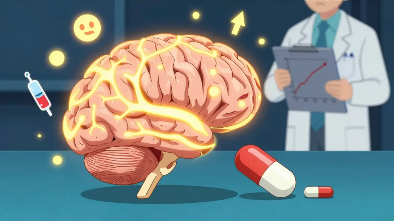 A brain with glowing pathways showing serotonin receptors dimming and hunger centers lighting up, comparing mirtazapine and bupropion pills.