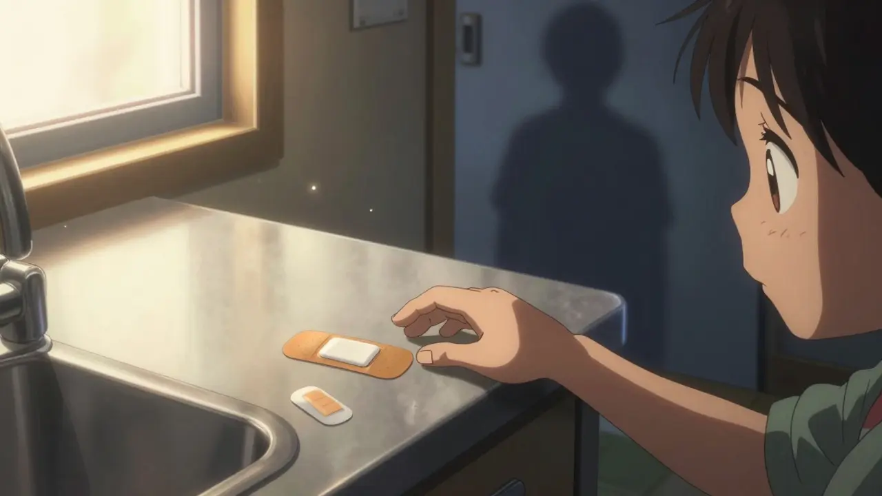 A child's hand reaching for a discarded fentanyl patch on a counter, sunlight highlighting the sticky side, adult shadow in doorway.