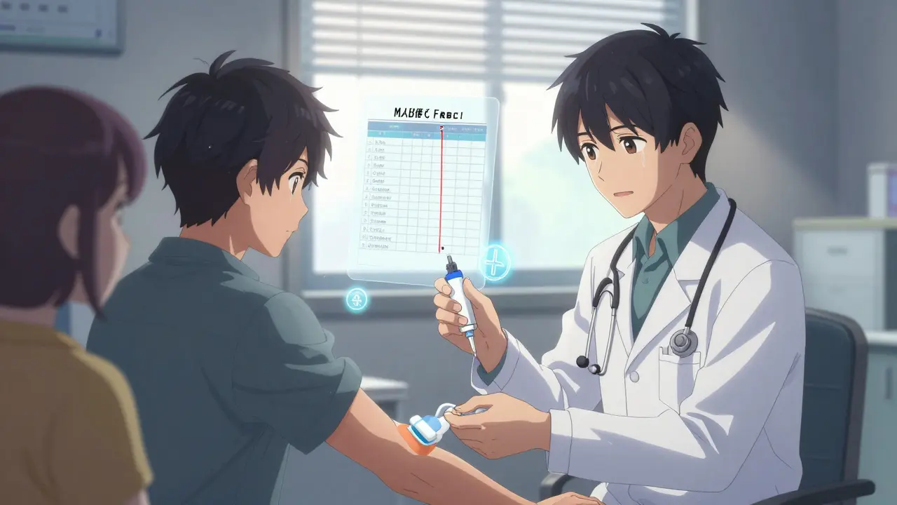 A doctor removing a fentanyl patch while holding naloxone, family watching anxiously, dawn light through blinds.