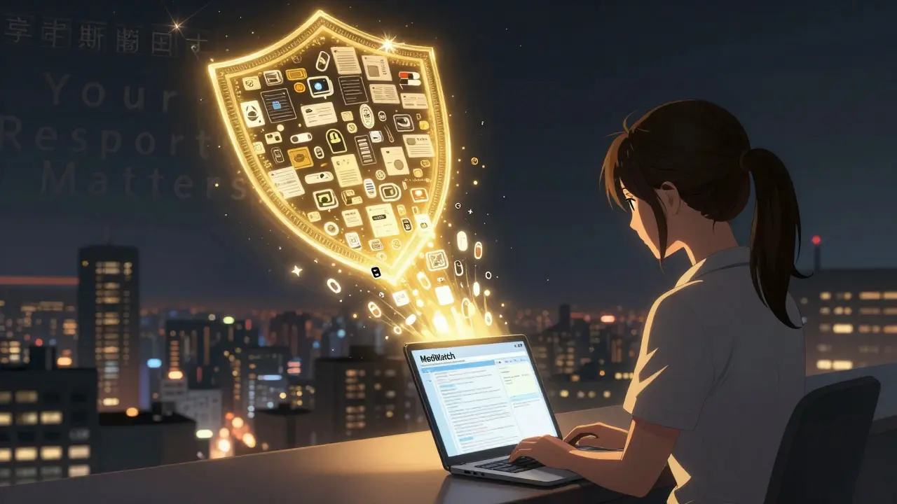 A woman reporting a side effect online, with digital reports forming a protective shield over a city, symbolizing collective patient action.