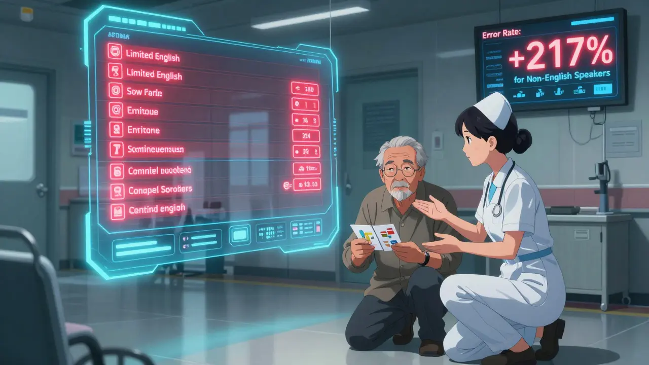 AI system flags medication risks for vulnerable patients as a nurse and advocate use visual cards to ensure understanding.