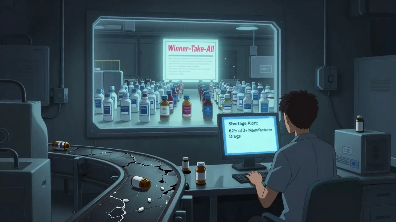 An empty manufacturing facility shows shortage alerts as tiny generic companies march toward a 'Winner-Take-All' contract sign.