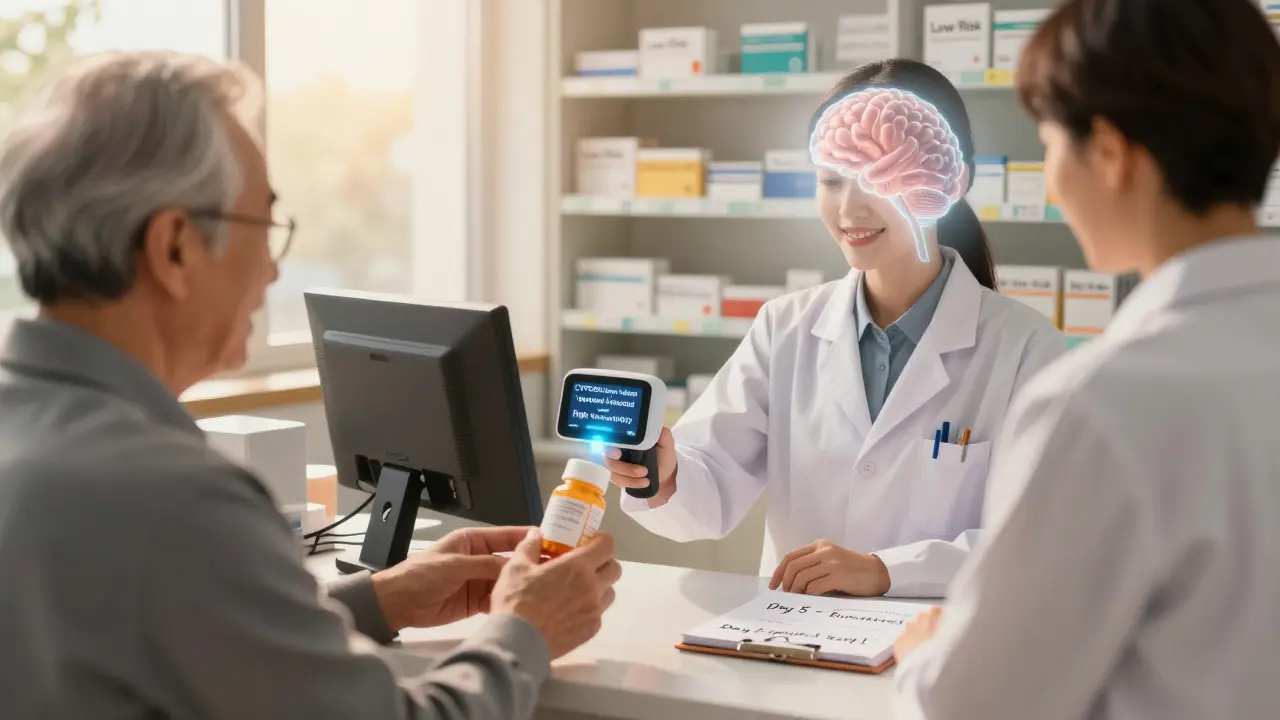 Elderly man at pharmacy getting genetic medication analysis in anime style