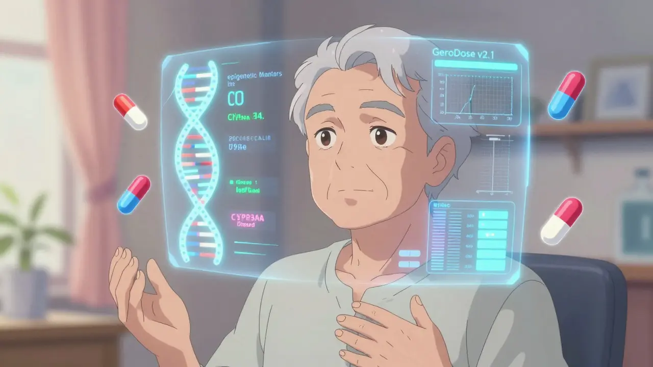 Futuristic medical interface displaying personalized drug metabolism data over an older adult in anime style.