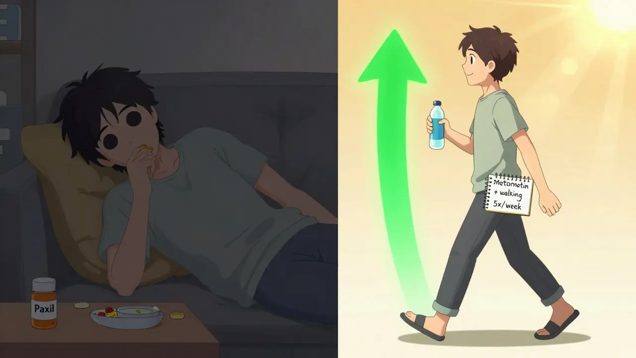 Left: person eating junk food with Paxil bottle; right: same person walking happily with metformin notebook, symbolizing recovery.