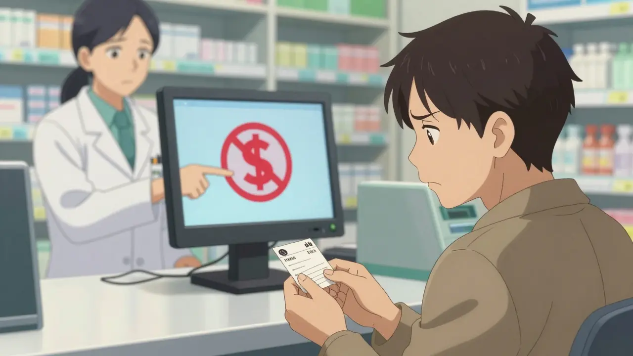 Patient confused at pharmacy counter with pharmacist pointing to warning symbol on monitor.