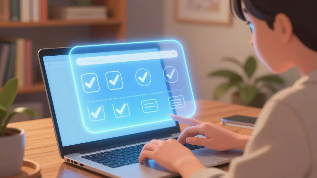 Person applying for copay card online with glowing digital card. Cozy home setting.