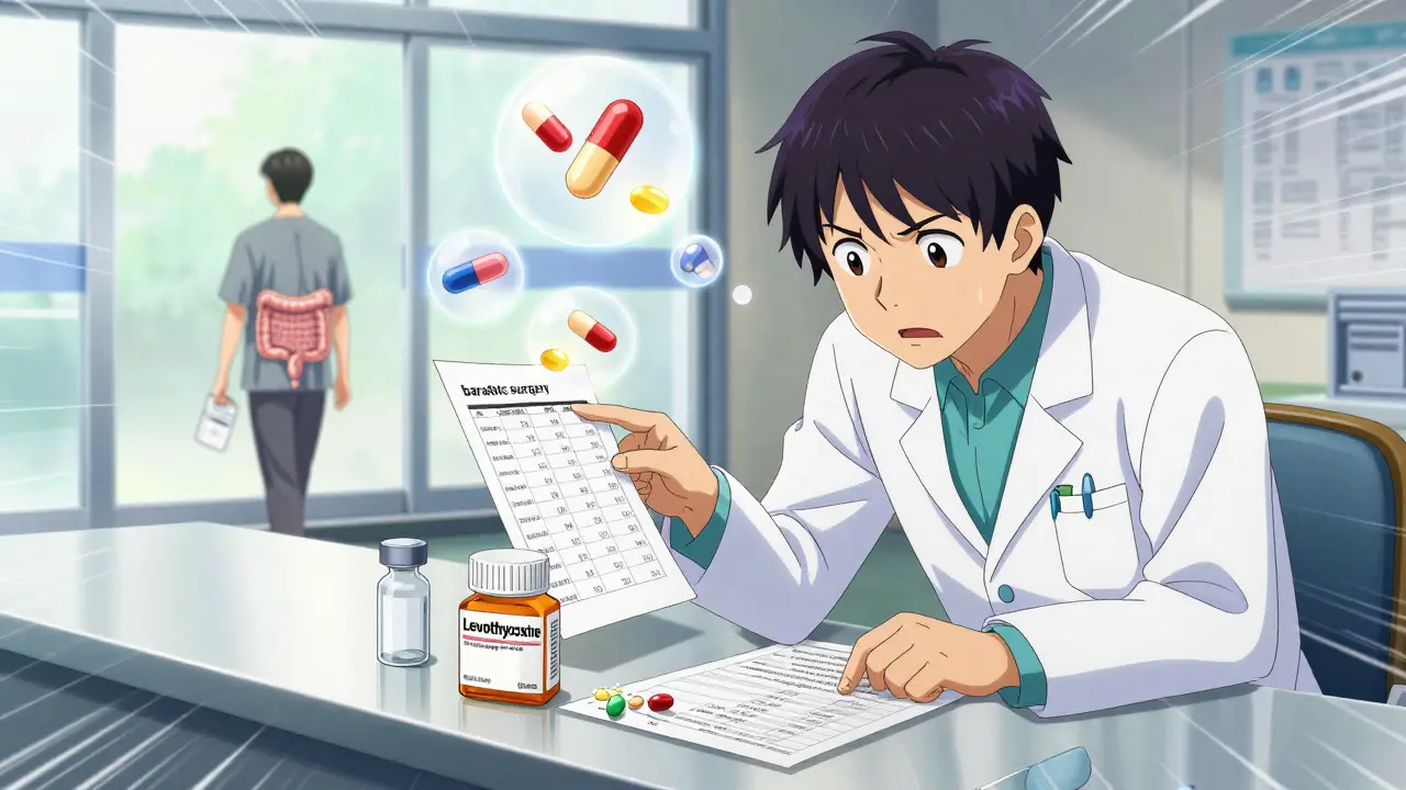 Pharmacist explaining medication changes after bariatric surgery, with crushed pills and liquid formulations on counter.