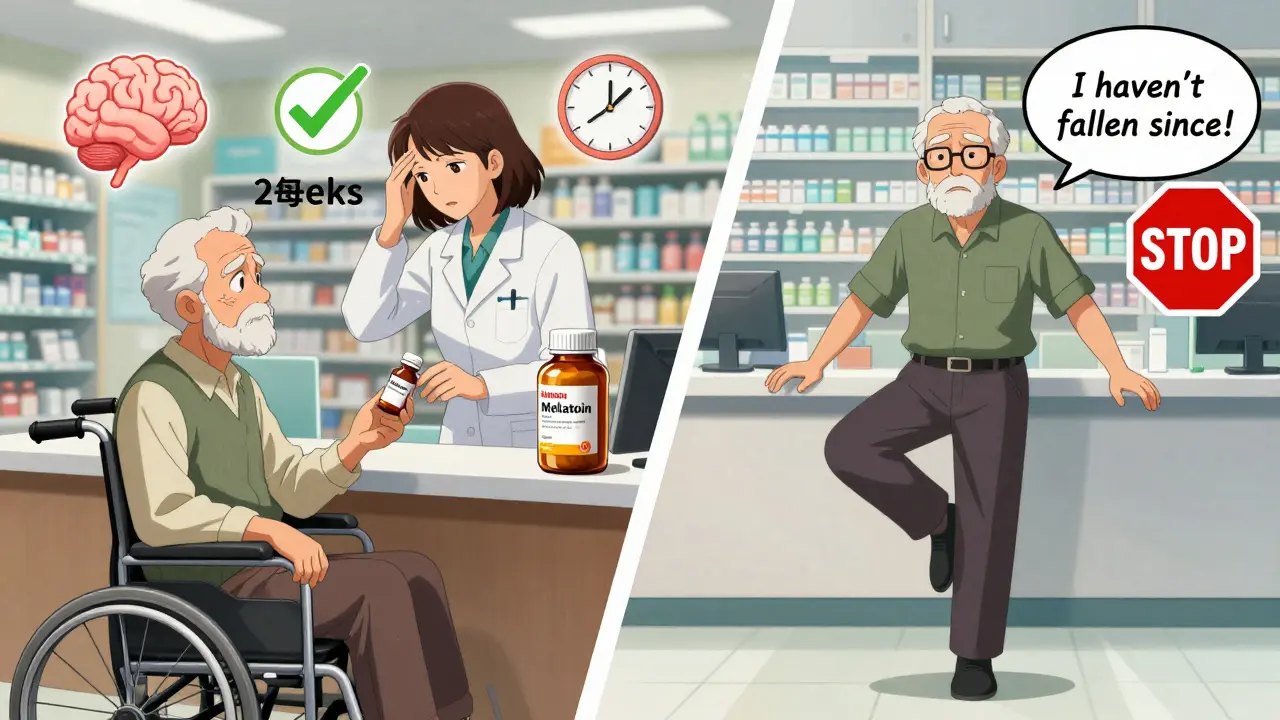 Pharmacist replacing a sedative with melatonin while elderly man practices balance, hopeful expression.