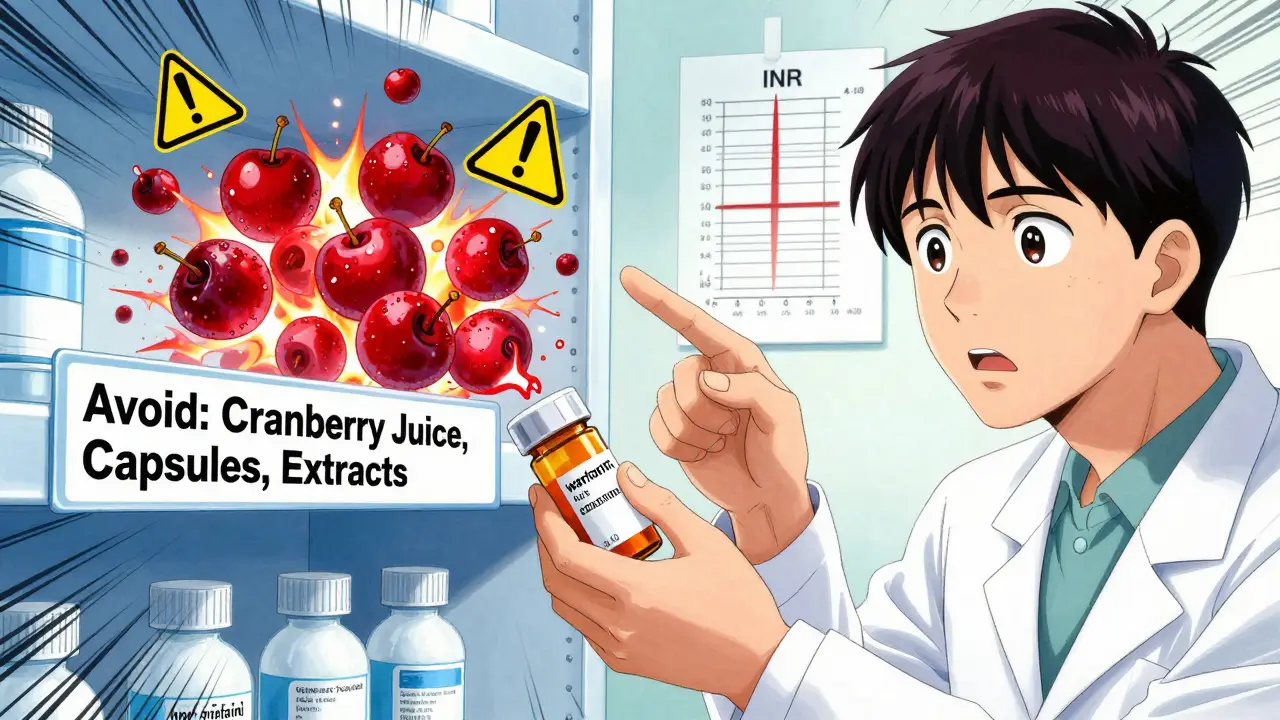 Pharmacist warning patient about cranberry products interacting with warfarin pills.