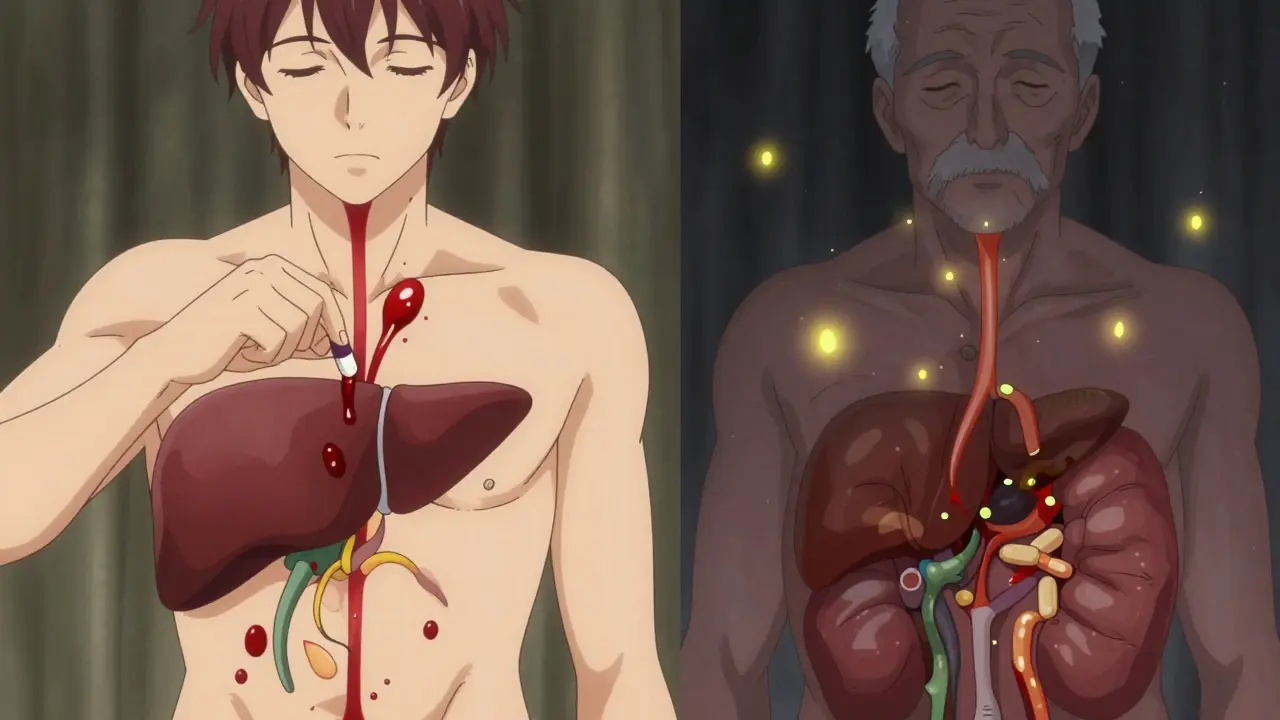Side-by-side comparison of young and elderly body systems processing medication, with slow vs fast drug metabolism in anime style.