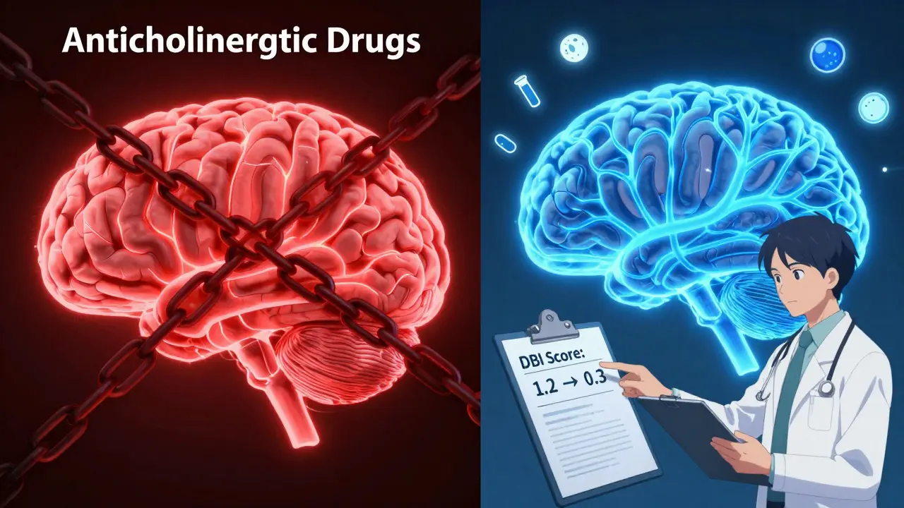 Split brain illustration showing blocked vs clear neural pathways with medication icons