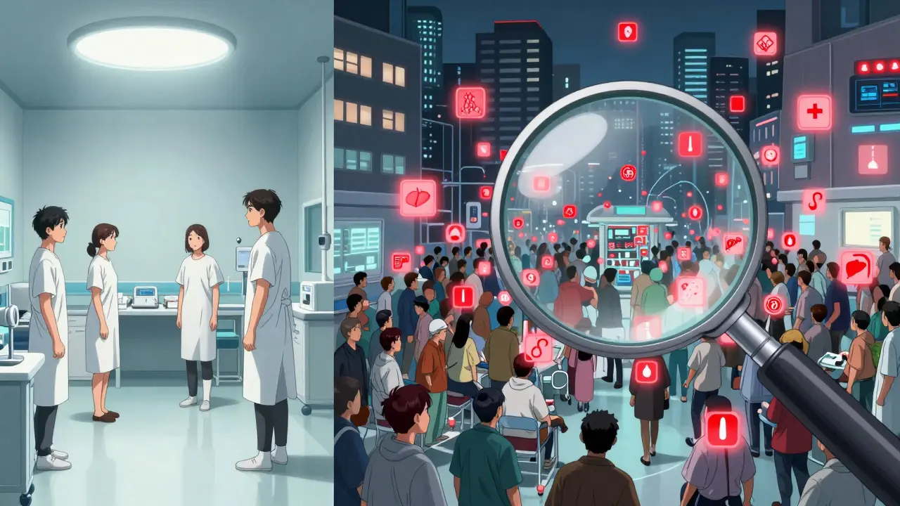 Split scene comparing a controlled clinical trial on one side to a bustling ER filled with glowing side effect alerts on the other.
