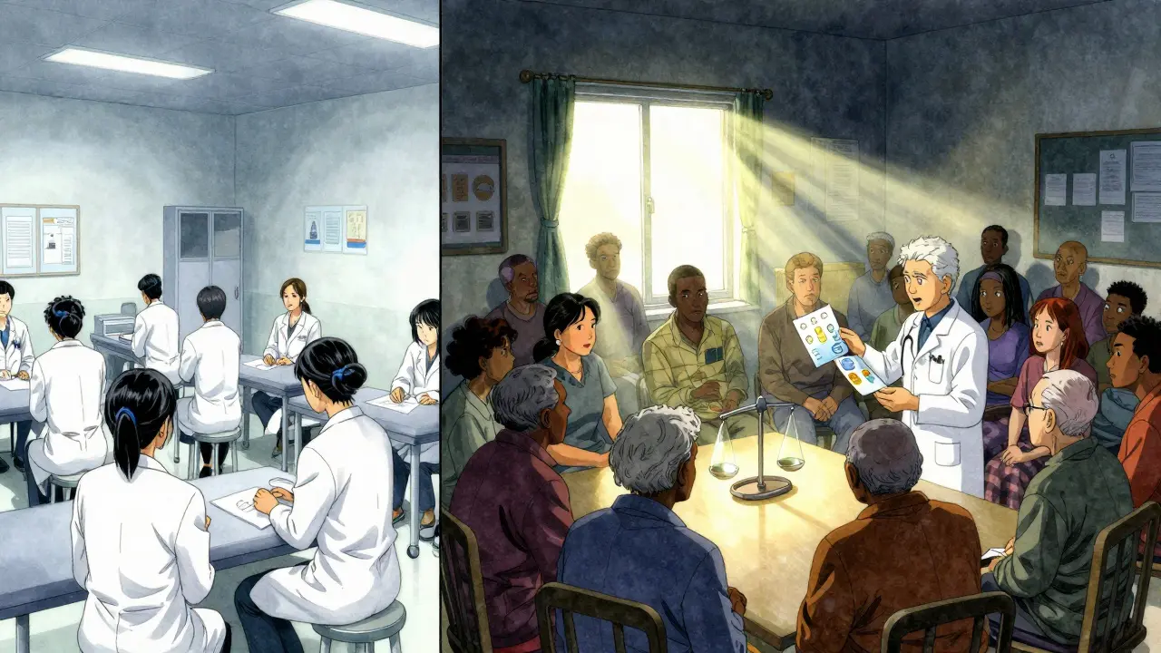 Split scene: sterile clinical trial vs. community health session using visual aids to explain medication safety.