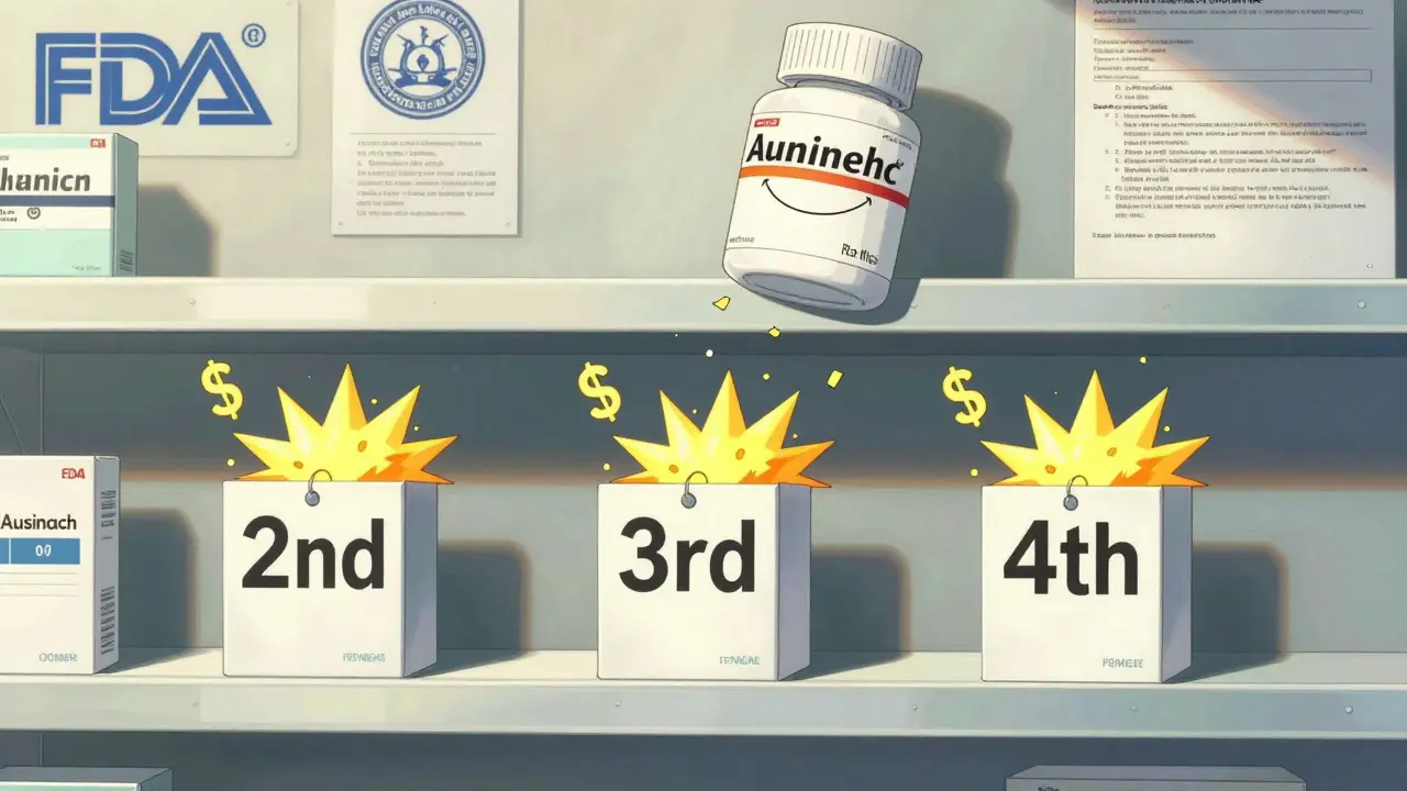 Three generic drug packages engage in a price war on a pharmacy shelf while an authorized generic looms overhead casting a shadow.