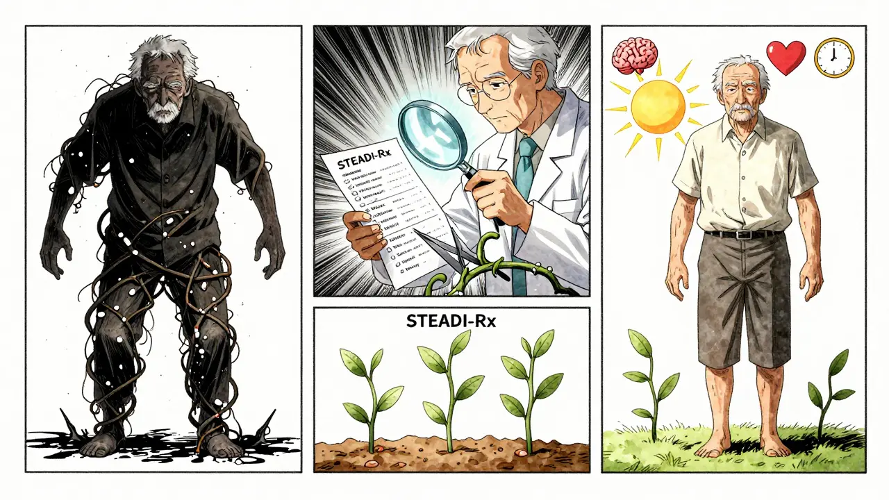Three-panel comic: elderly man entangled in pills, then freed by pharmacist, walking confidently with exercise vines.