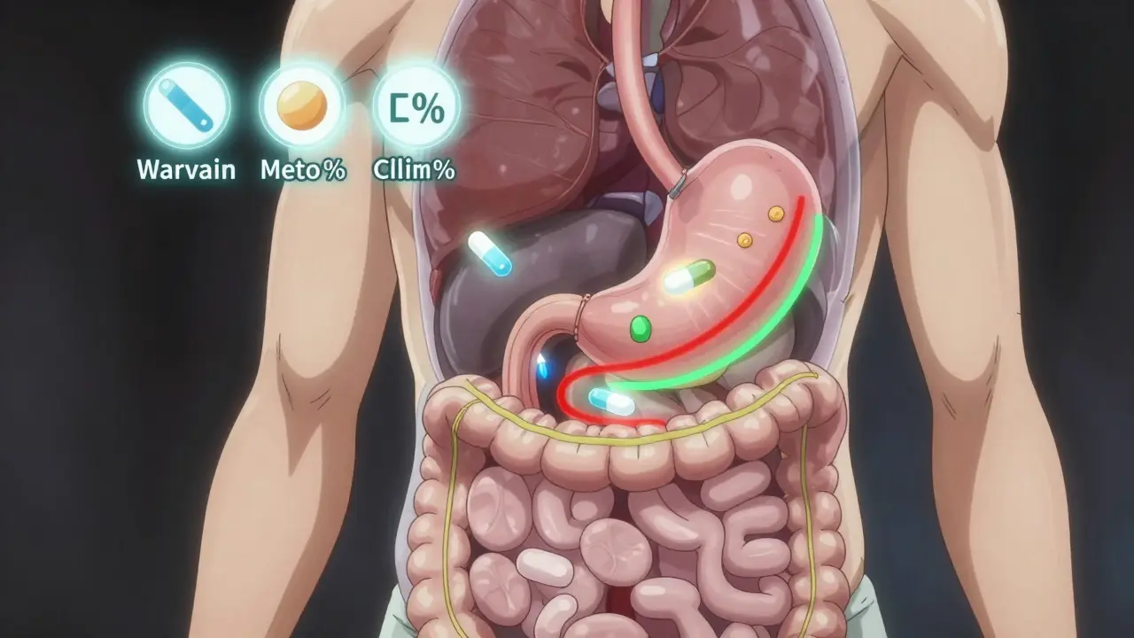 Transparent human body showing how a pill travels through a bypassed digestive system after bariatric surgery.