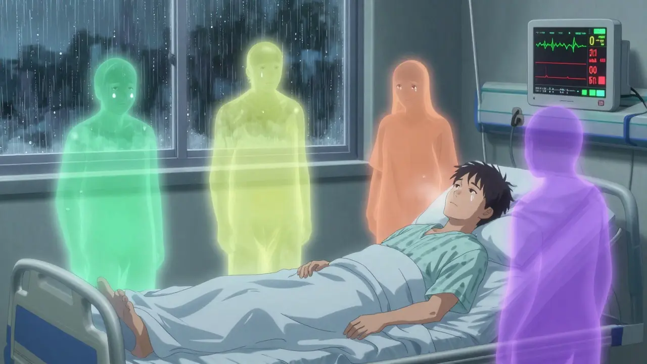 Transplant patient in hospital with ghostly generic pills emitting colored auras, monitor showing rejection warnings.