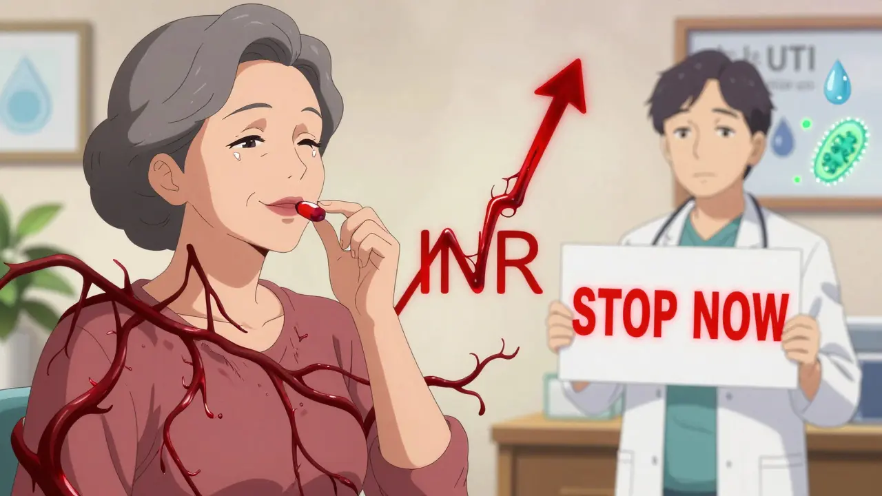 Woman taking cranberry capsule as dark blood tendrils spread from her body.