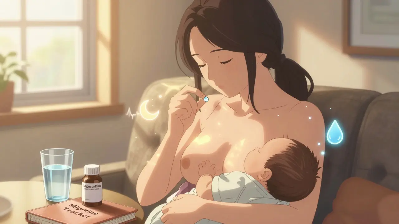 A breastfeeding mother taking acetaminophen safely with water, baby sleeping peacefully beside her.